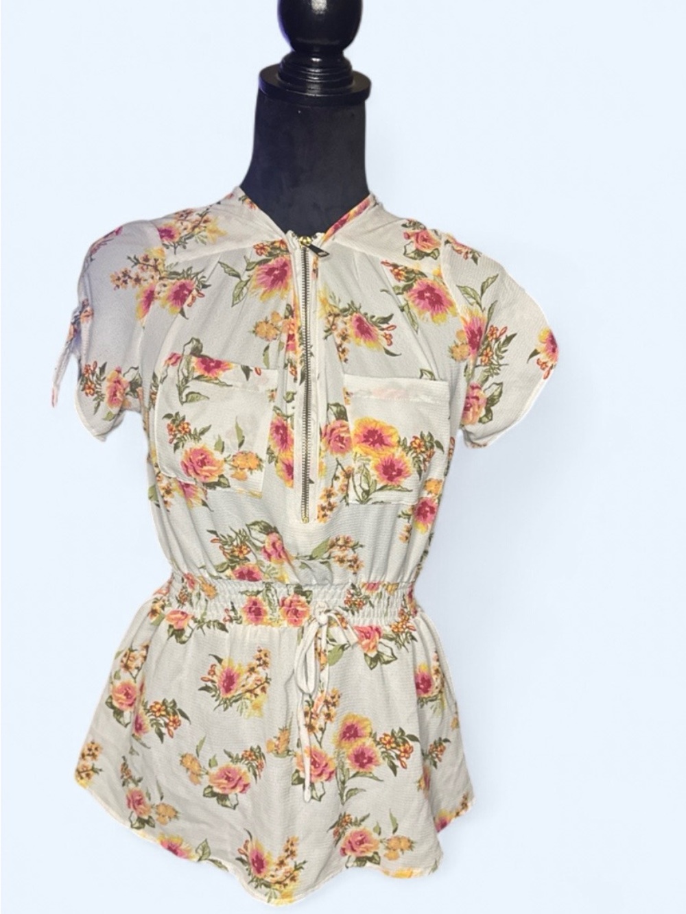 Wishful Park Cream Floral Zip Tie-Waist Blouse
